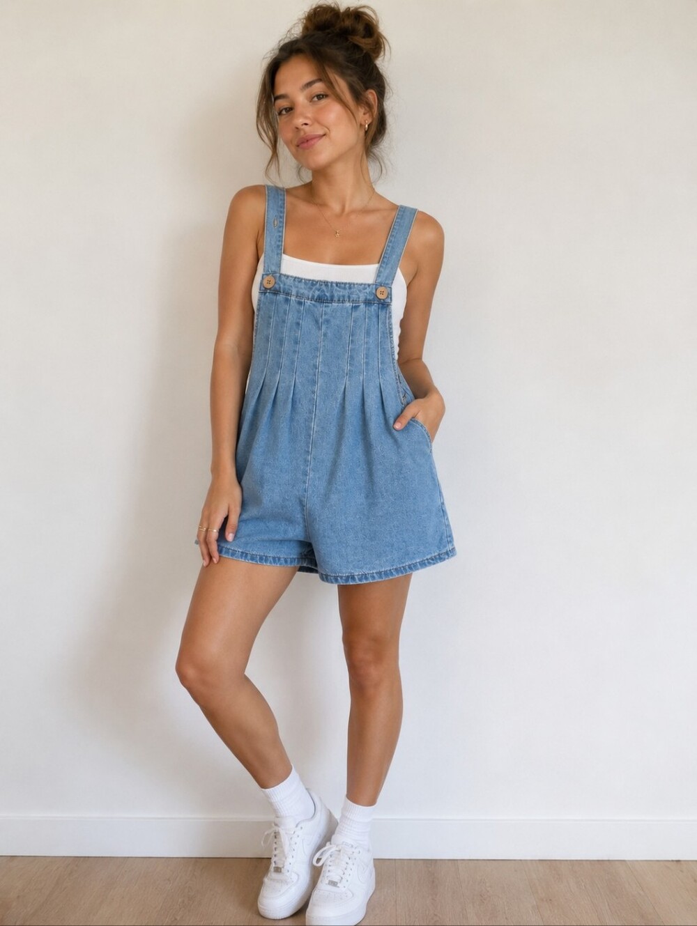 Vintage-Inspired Light Denim Romper Overalls Chambray Pleated Shortalls Cotton M